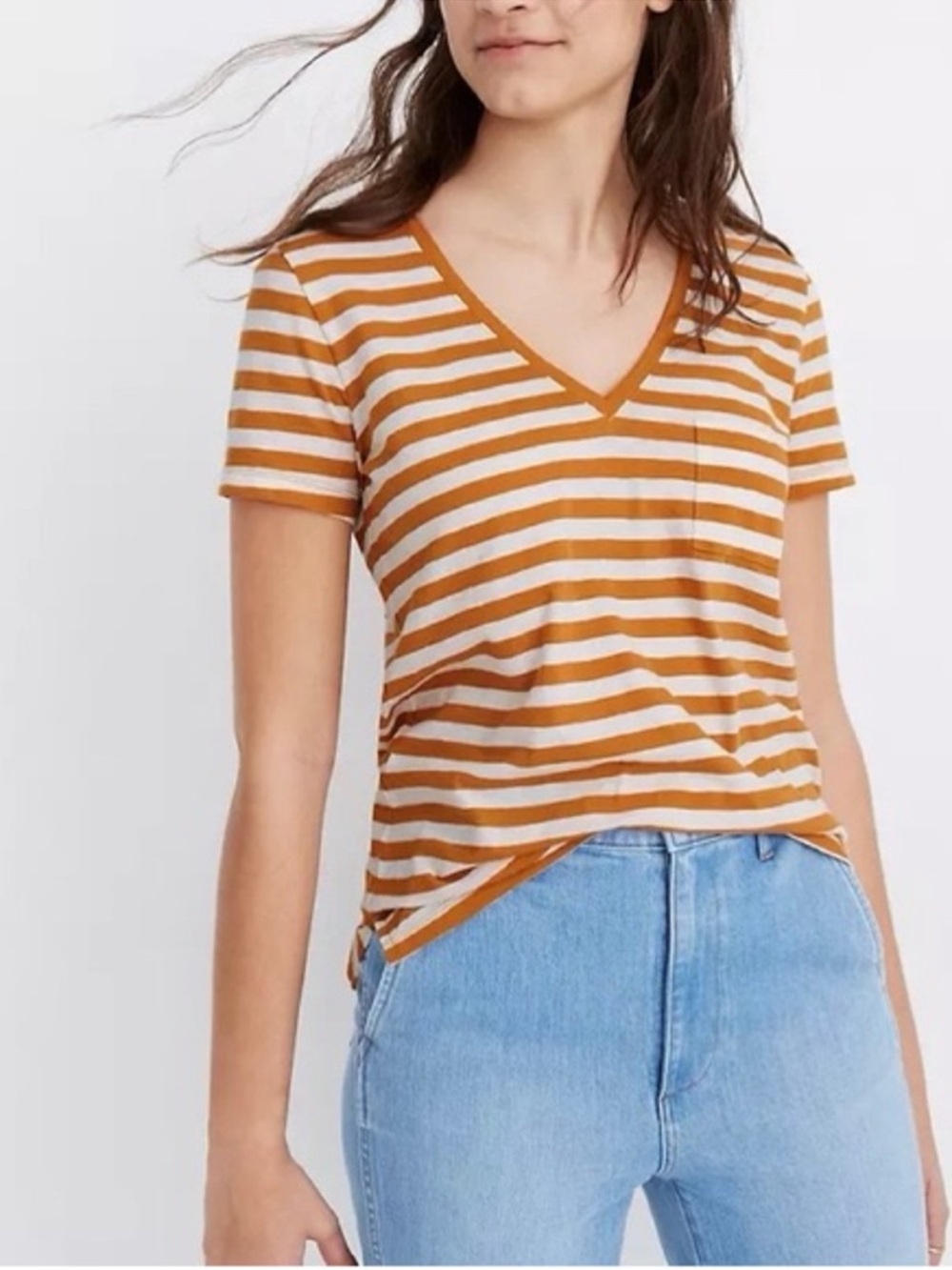 Madewell | NEW! Mustard & white striped pocket v neck tee